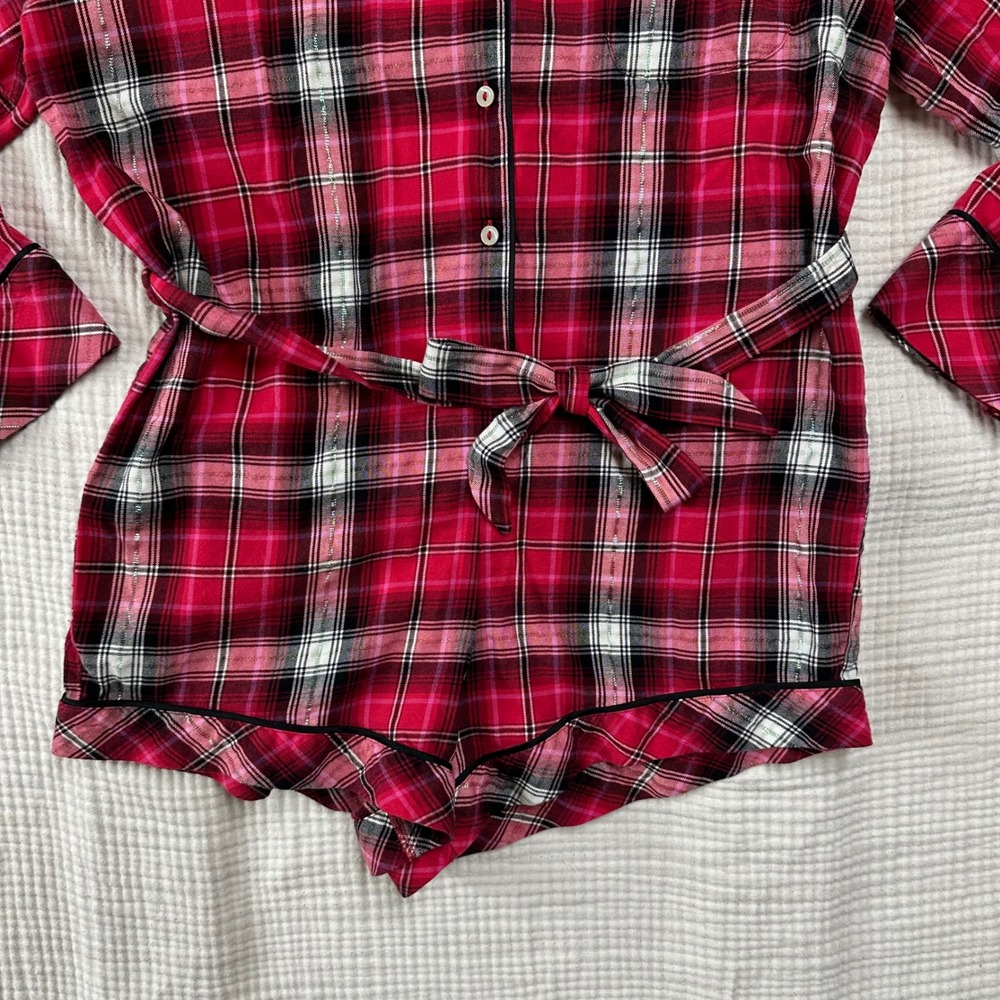 VICTORIA'S SECRET size L Red Pink & Plaid Flannel Romper 1 Pc belted Pajamas - Picture 7 of 11